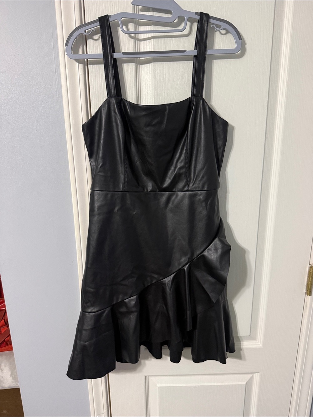 BCBGeneration Black Faux Leather Ruffle-Hem Mini Dress